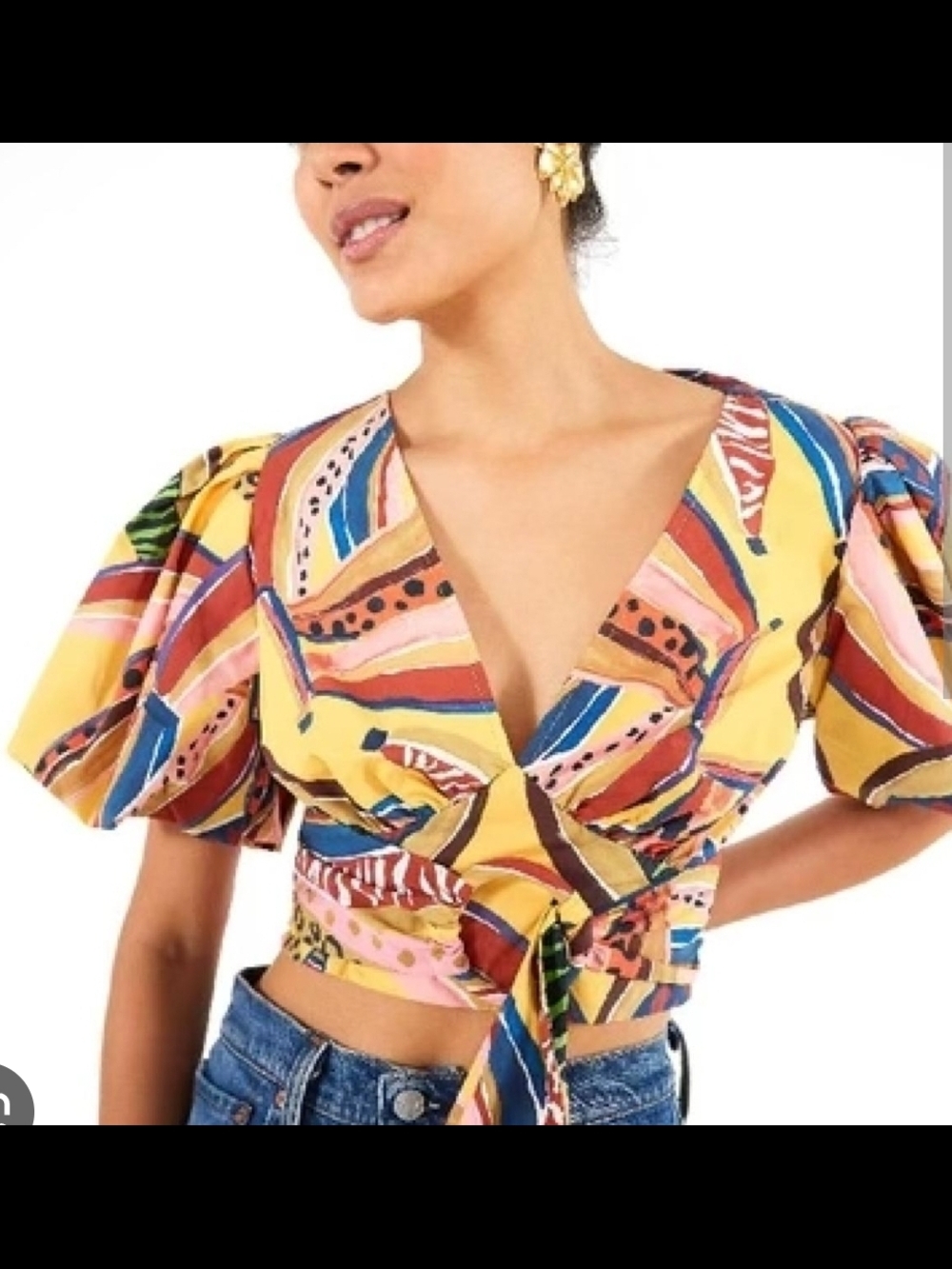 Farm Rio Yellow Multi Banana Puff Sleeve Crop Top NWOT